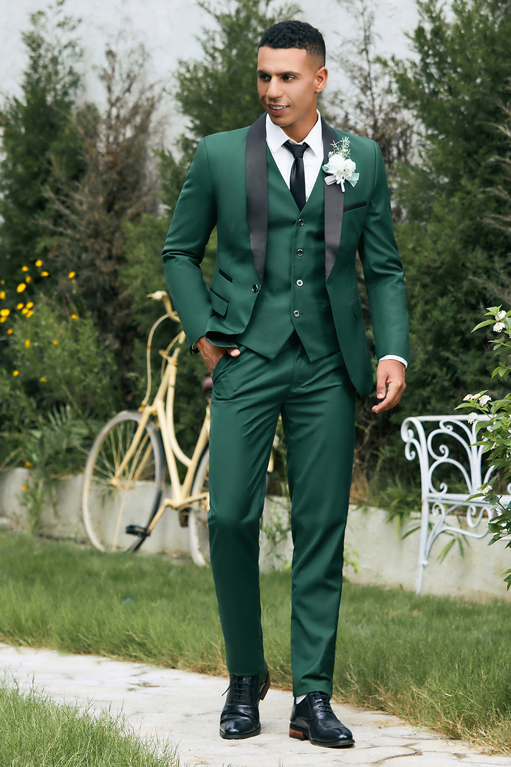 Dark Green Shawl Lapel One Button 3 Pieces Formal Prom Men's Suits