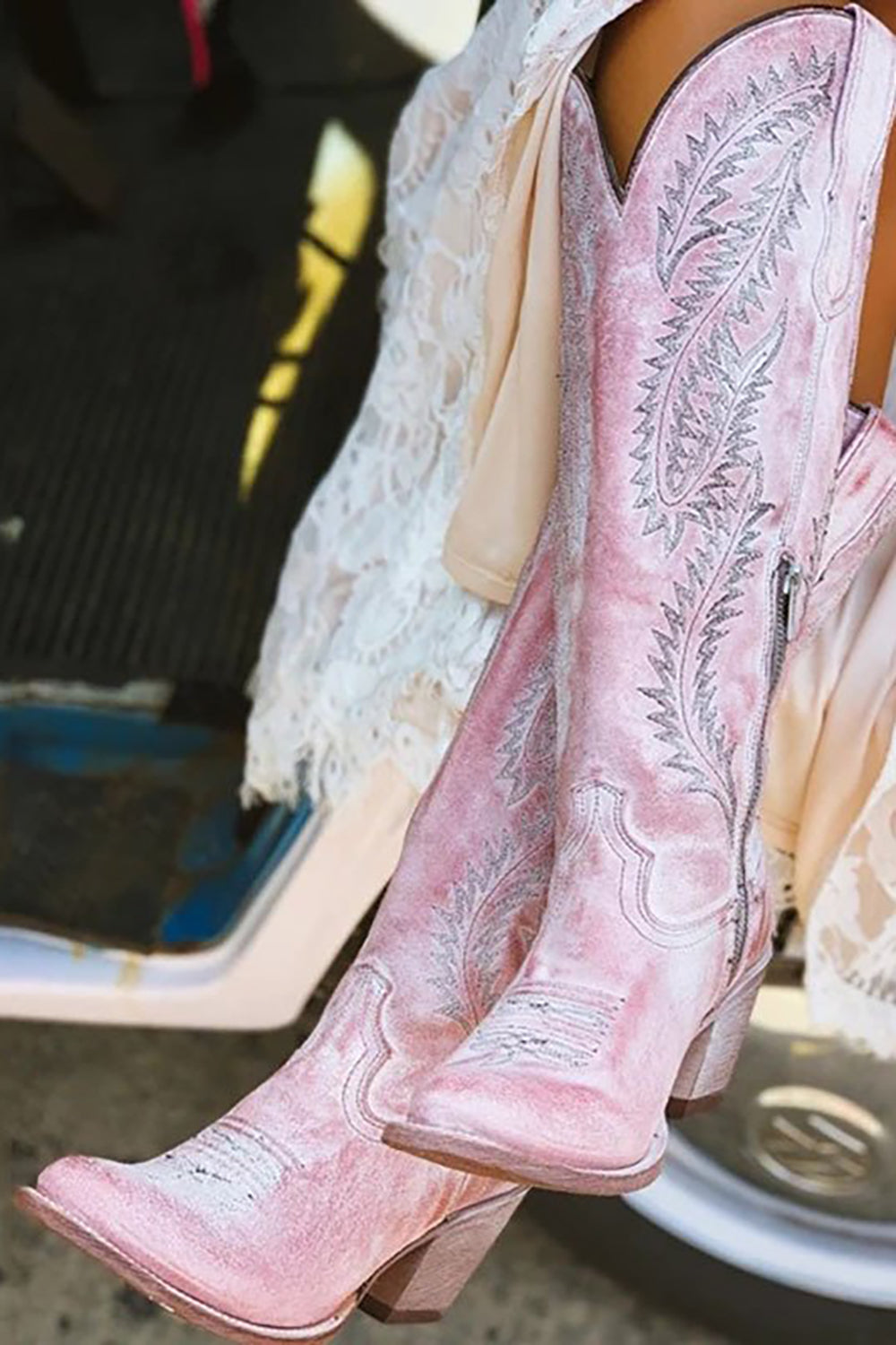 Leely Women Dusty Rose Embroidered Mid Calf Pink Fancy Cowgirl Boho Boots for Women