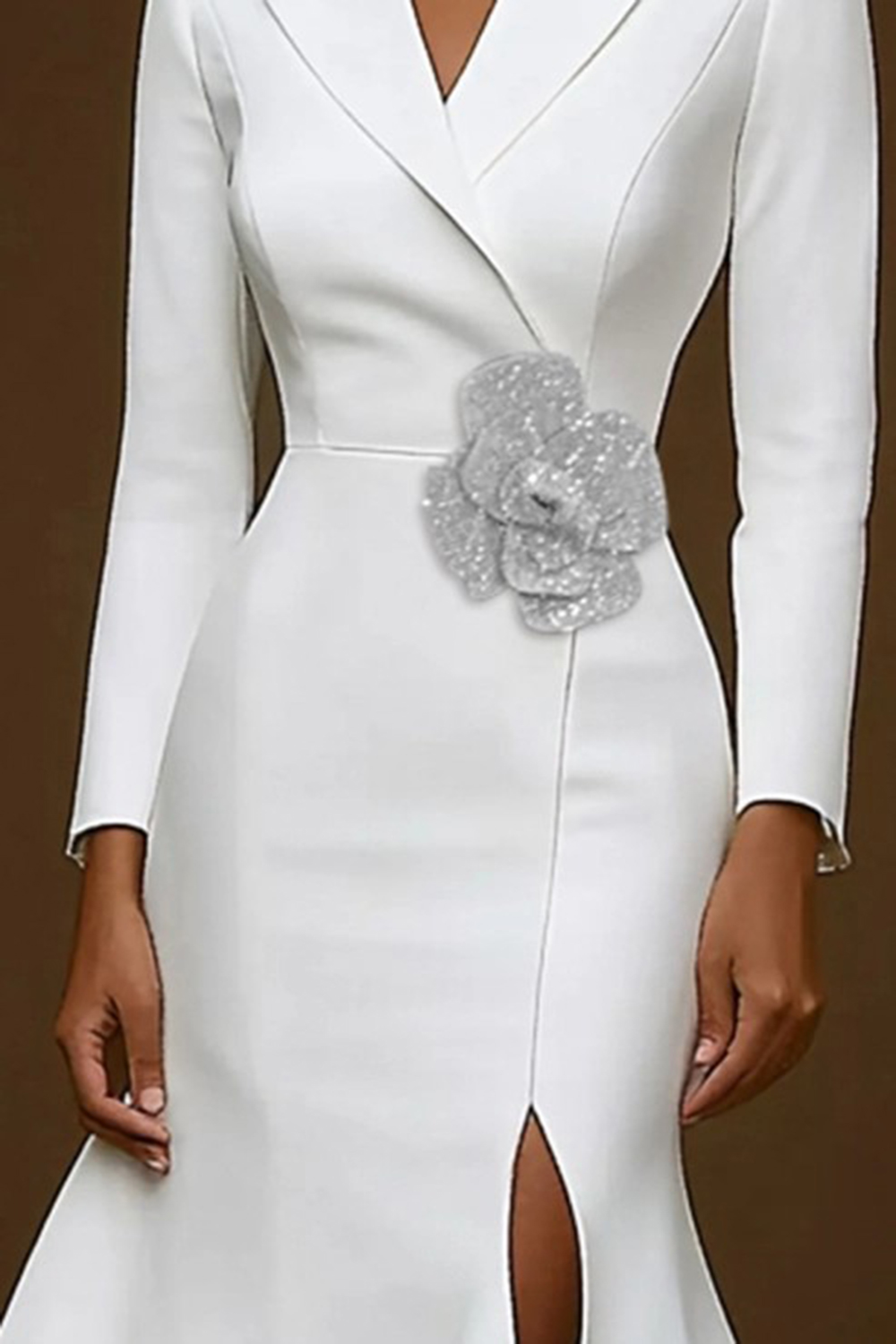 Sparkly White Pencil Notched Lapel Midi Blazer Dress with Ruffles