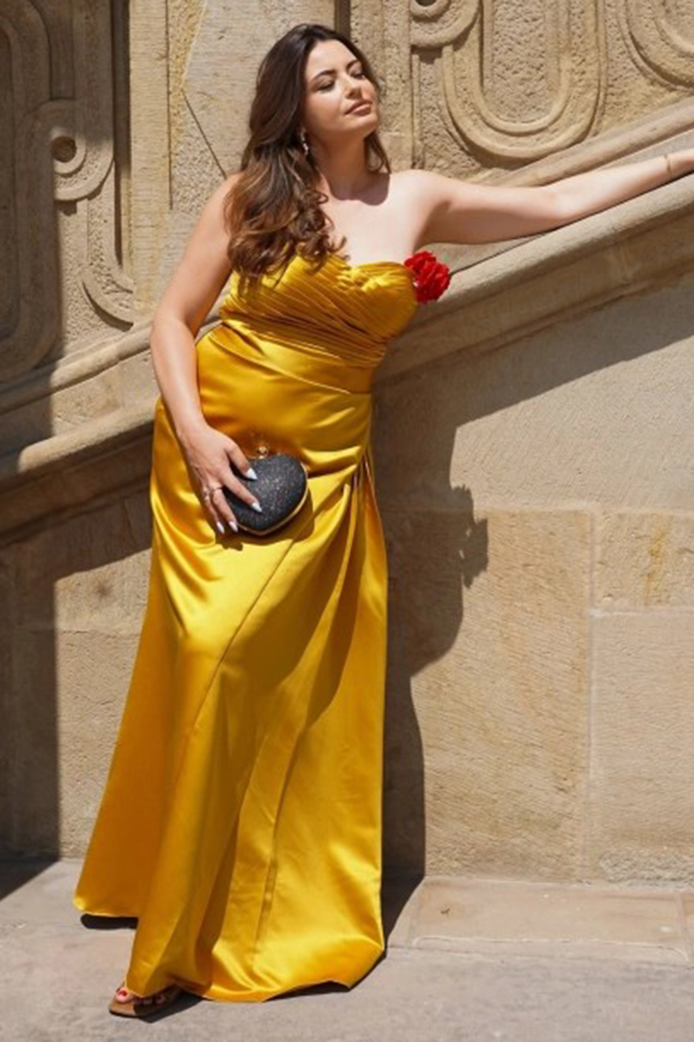 Yellow Satin  Mermaid Sweetheart Long Formal Dress with Ruffles