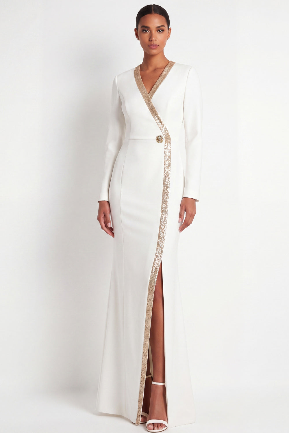 Sparkly Beige Mermaid V-Neck Long Formal Dress with Slit