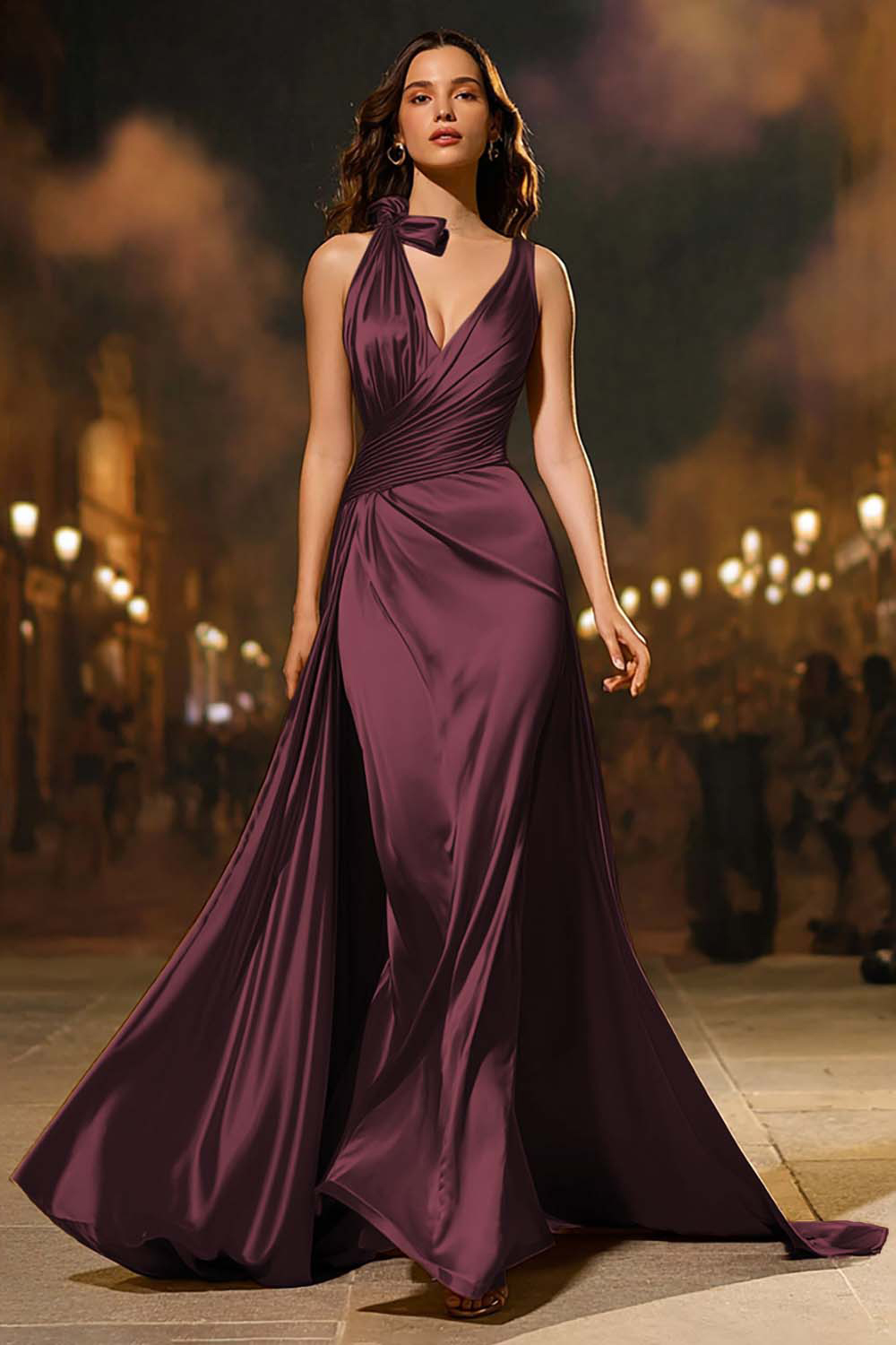 Gold Satin Mermaid V-Neck Ruched Long Formal Dress with Cape