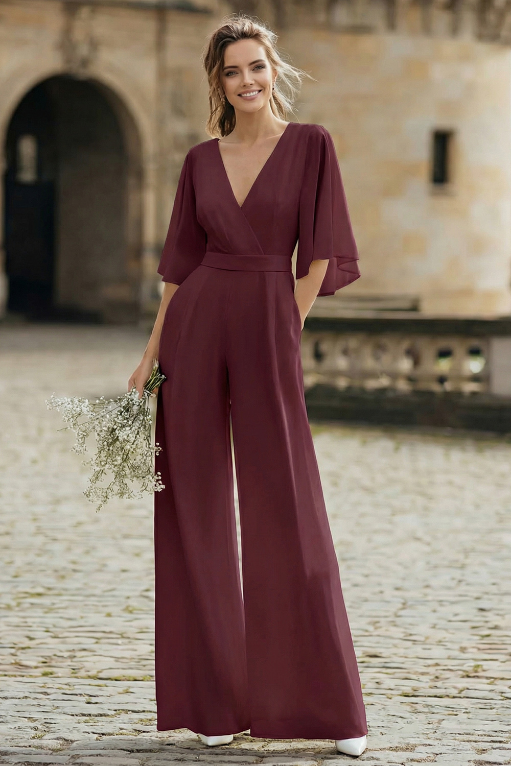 Ivory Half Sleeves V-Neck Wedding Jumpsuits with Pockets