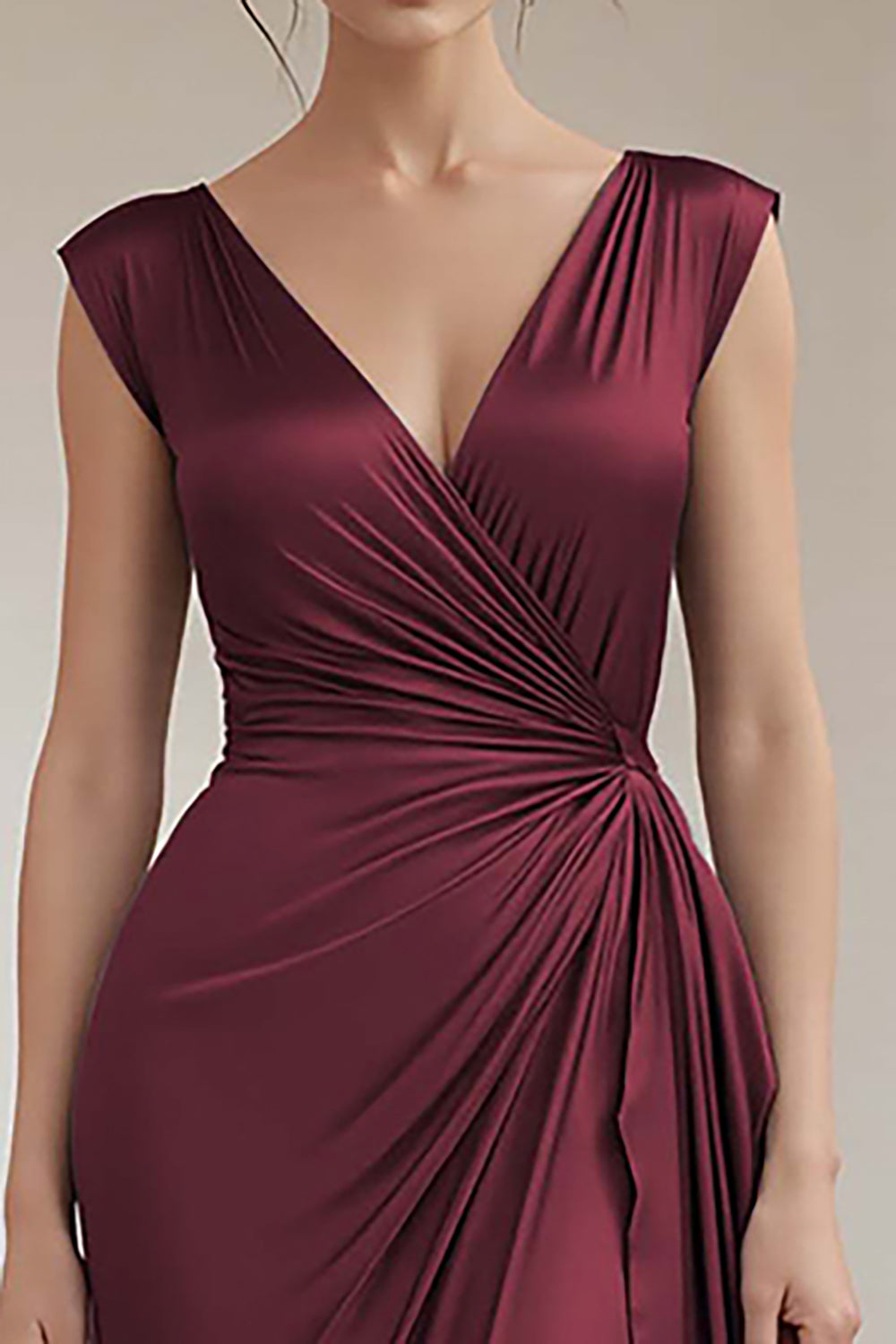 Grey Blue Sheath V-Neck Long Ruched Formal Dress with Ruffles