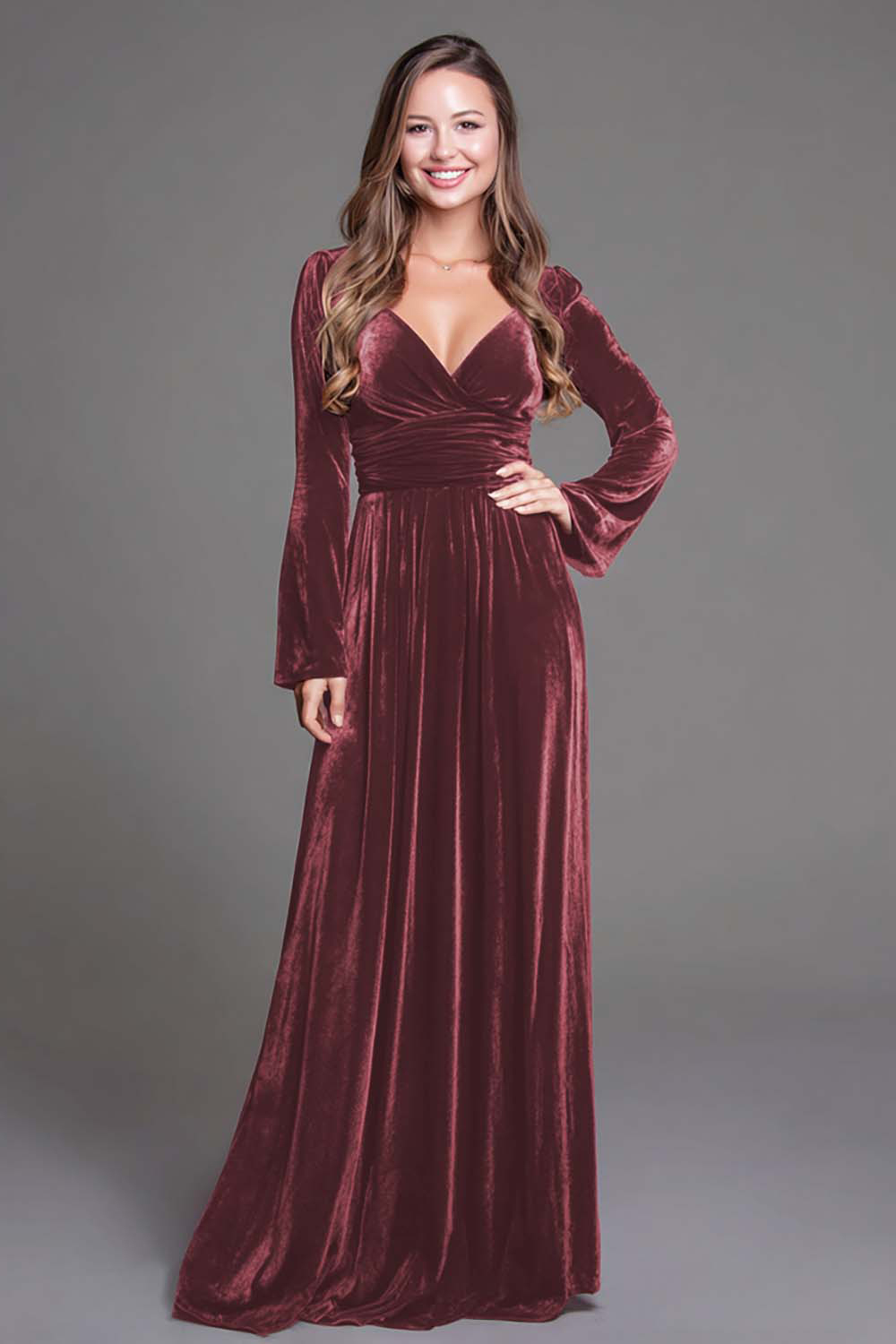 Burgundy A-Line V-Neck Long Velvet Holiday Party Dress with Sleeves