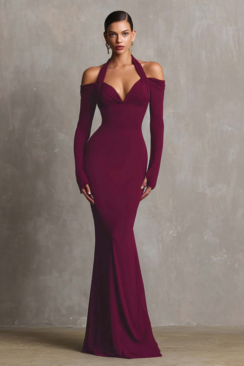 Elegant Burgundy Mermaid Halter Long Sleeves Formal Dress
