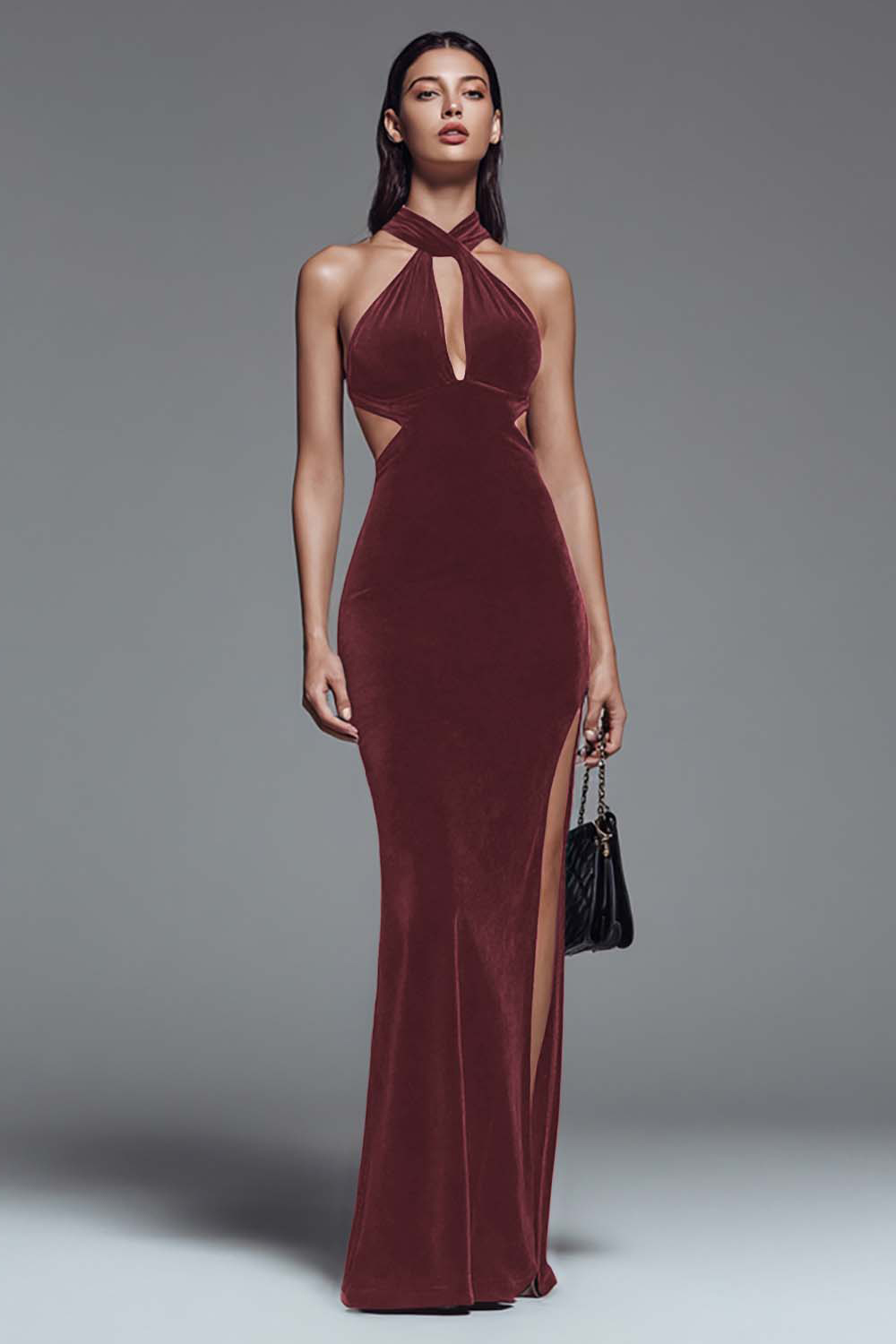 Dark Green Cut Out Mermaid Long Velvet Holiday Party Dress with Slit