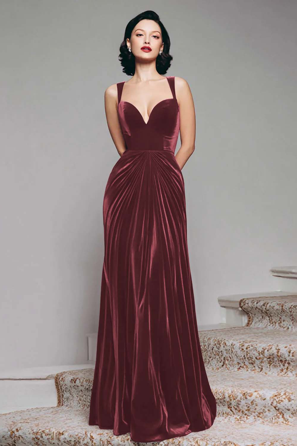 Elegant Burgundy Velvet Mermaid Thick Straps Long Holiday Party Dress