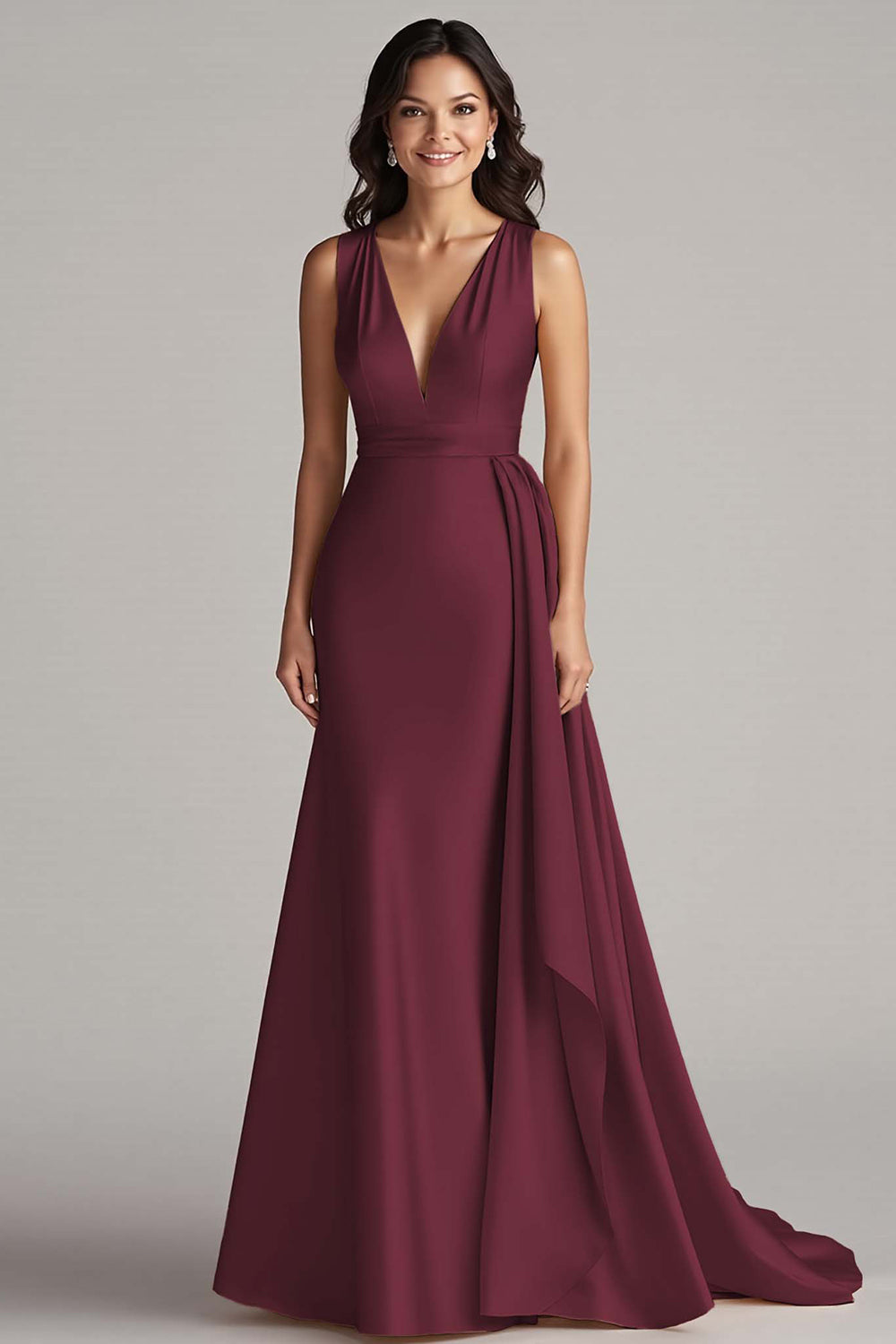 Champagne Deep V-Neck Sleeveless Long Satin Formal Dress