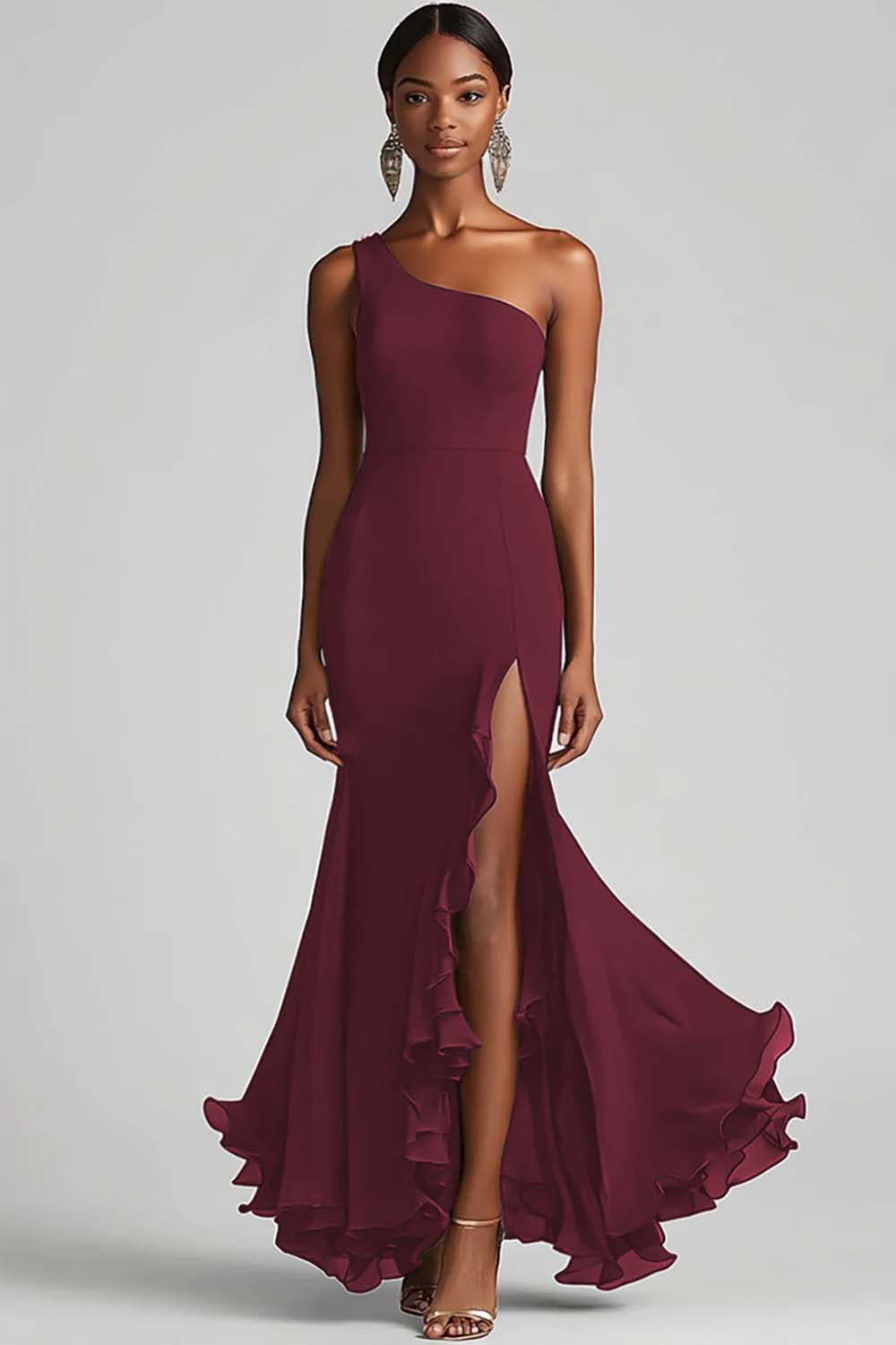 Flowy Black One Shoulder Long Chiffon Formal Dress with Slit