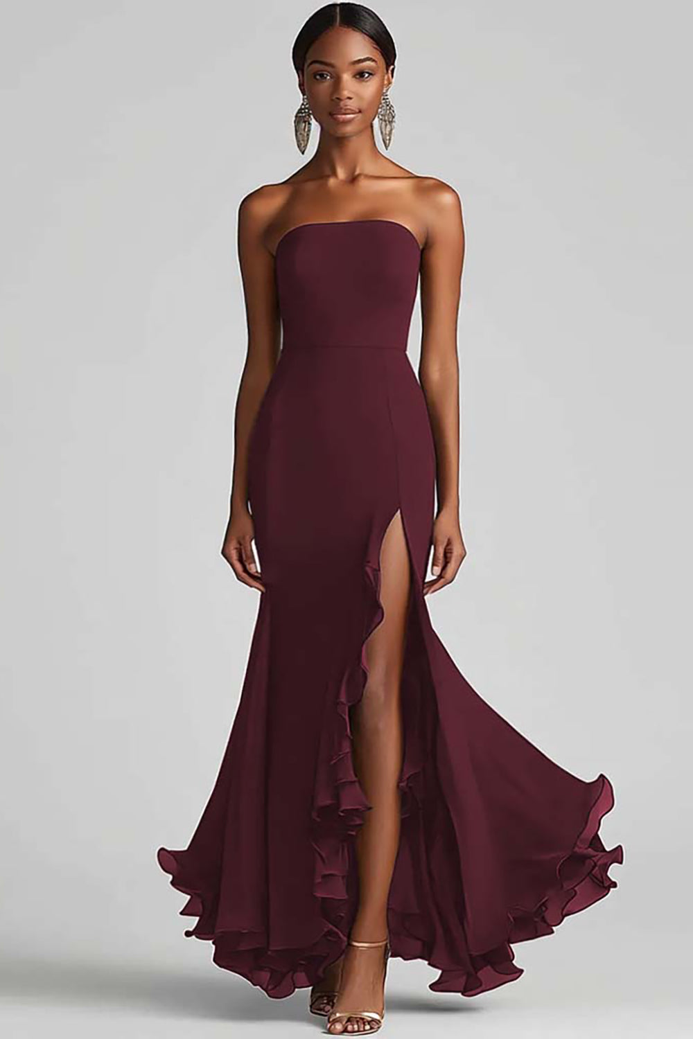 Strapless Sheath Chiffon Long Black Tie Dress with Slit