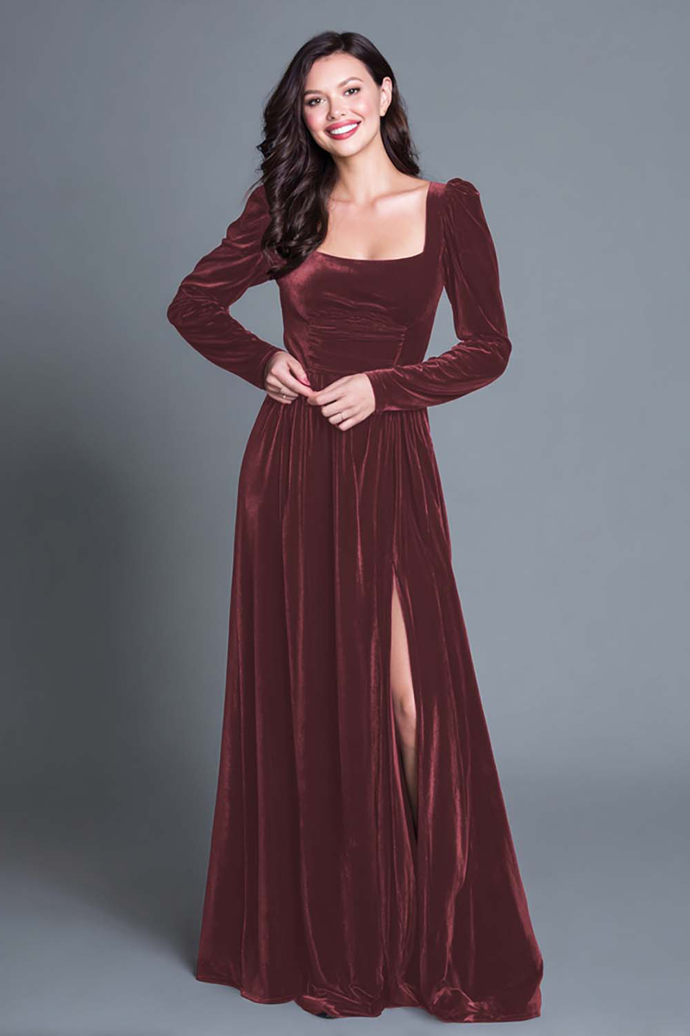 Burgundy A-Line Velvet Long Sleeves Holiday Party Dress with Slit