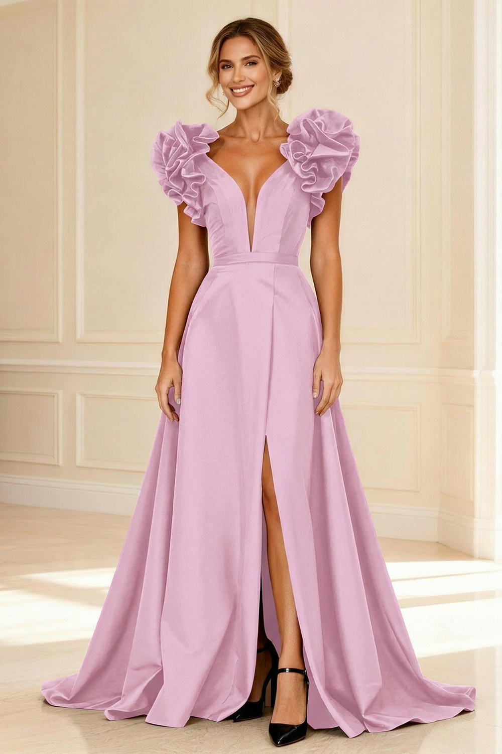 Black A-Line V-Neck Ruffled Long Mother of the Bride Dress