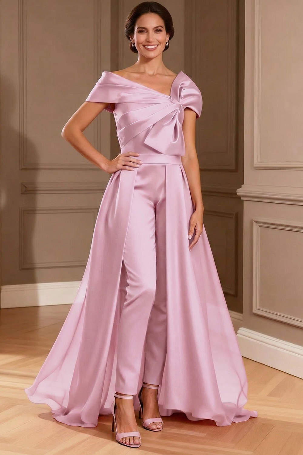 Fuchsia Satin Asymmetrical Neck Mother of the Bride Jumpsuits with Cape