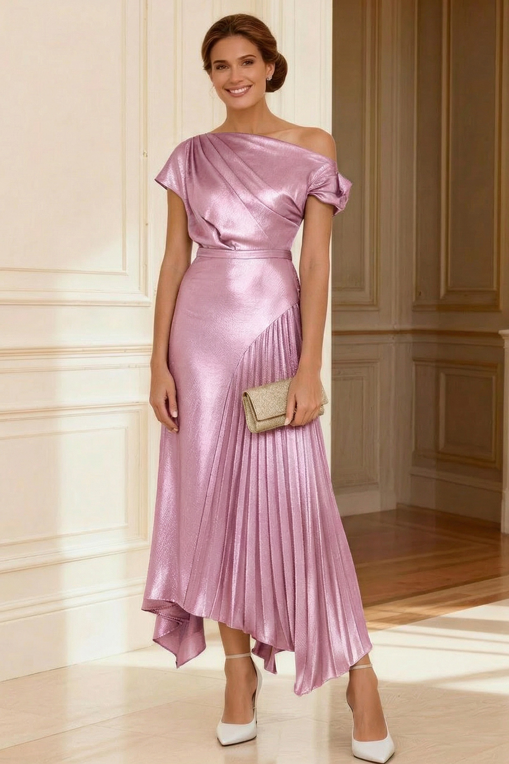 Silver A Line Asymmetrical Neck Pleated Ankle-Length Mother of the Bride Dress