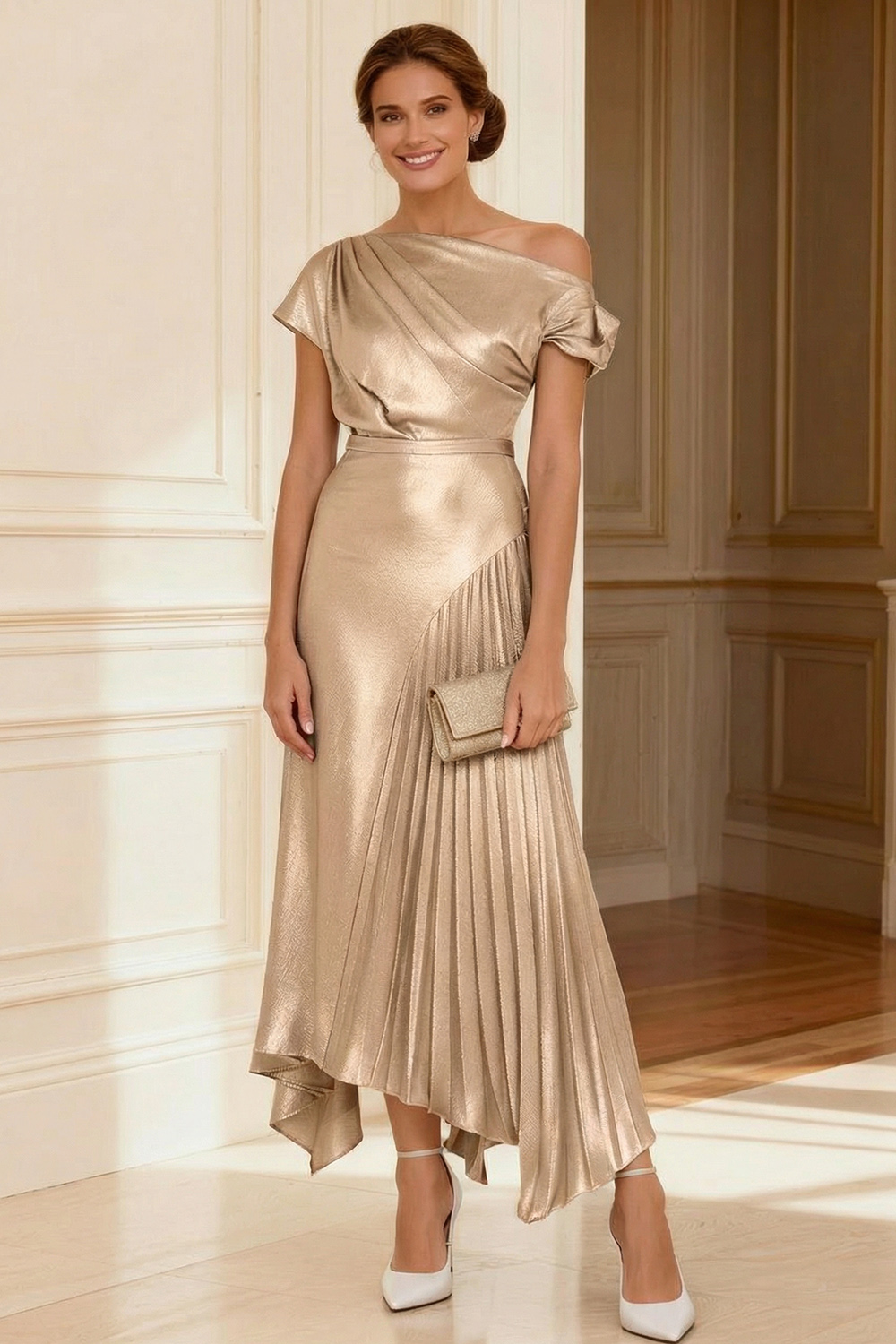 Silver A Line Asymmetrical Neck Pleated Ankle-Length Mother of the Bride Dress