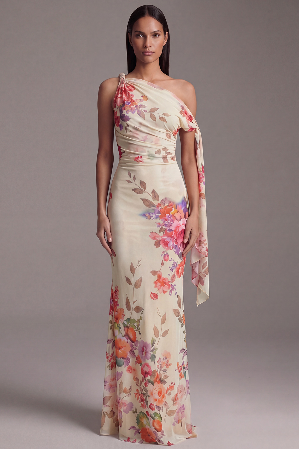 Floral Ruched Maxi Black Mermaid Beach Wedding Guest Dress