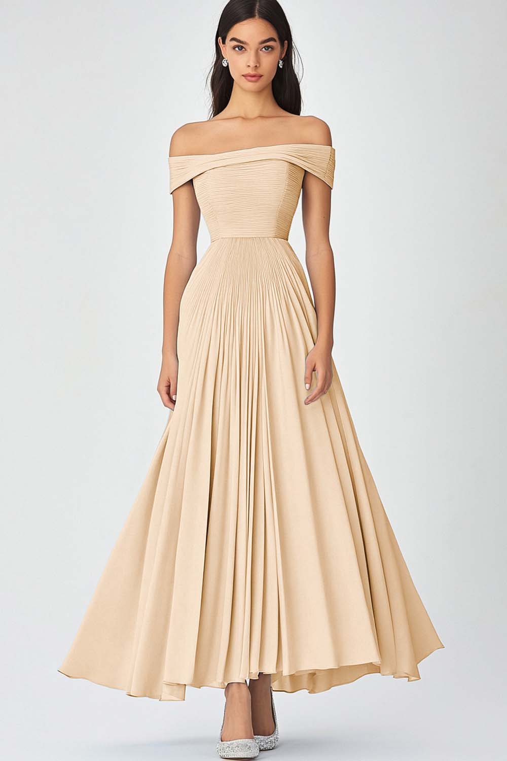 Off the Shoulder Sky Blue A Line Long Chiffon Formal Dress