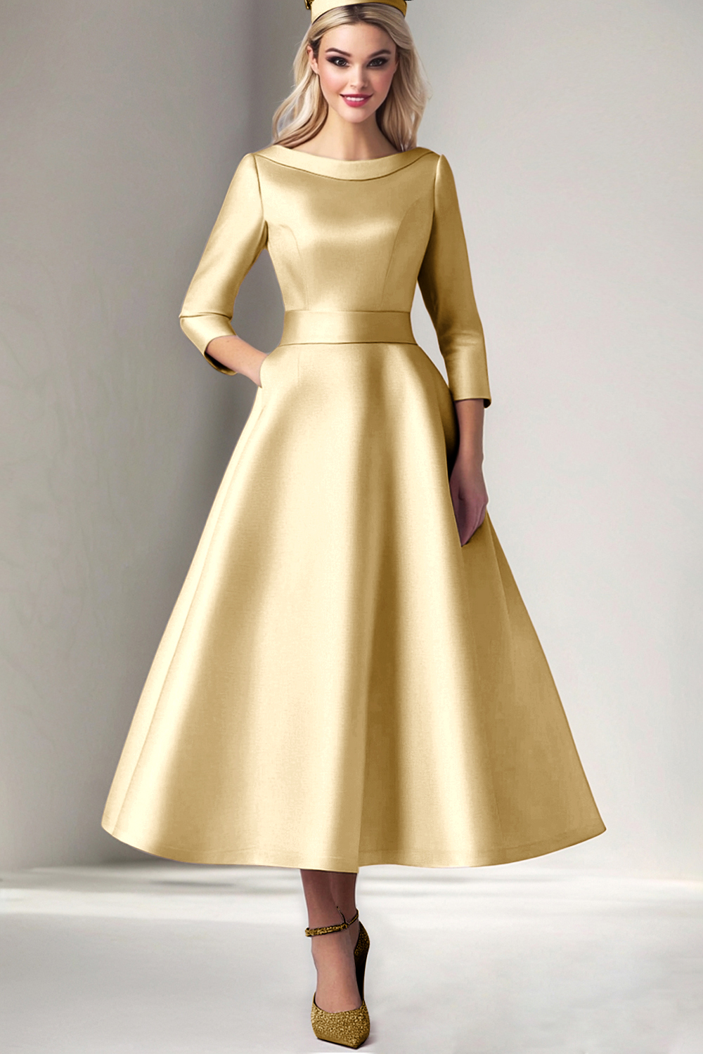 Pink Boat Neck A-Line Satin Tea Length Mother of the Bride Dress with 3/4 Sleeves