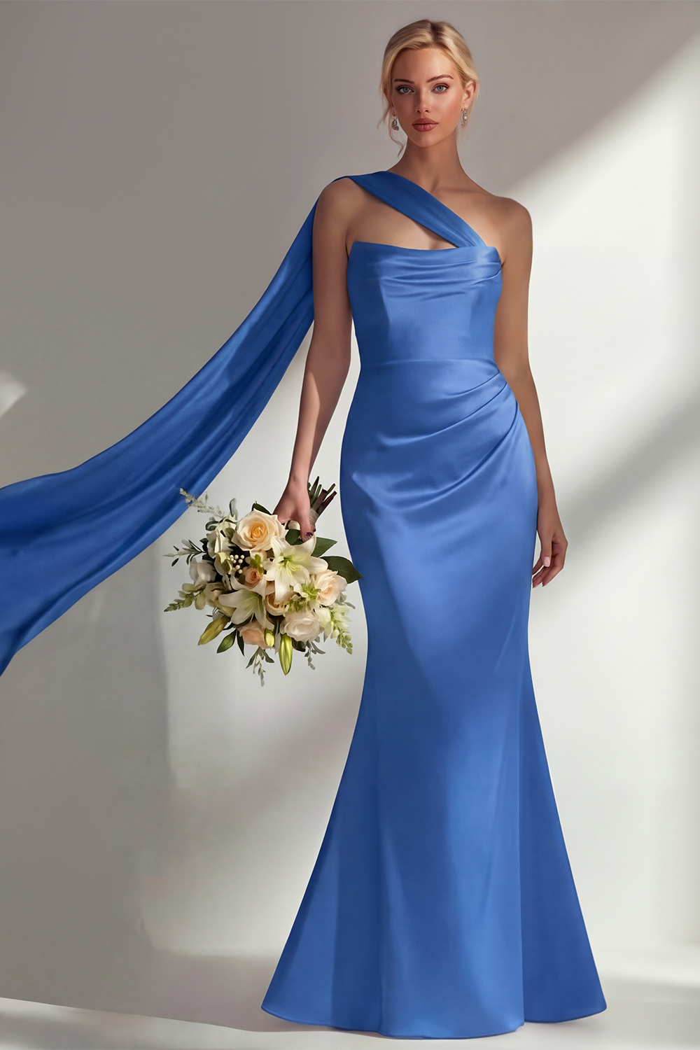 Elegant Burgundy Mermaid Neck Scarf Ruched Long Satin Prom Dress