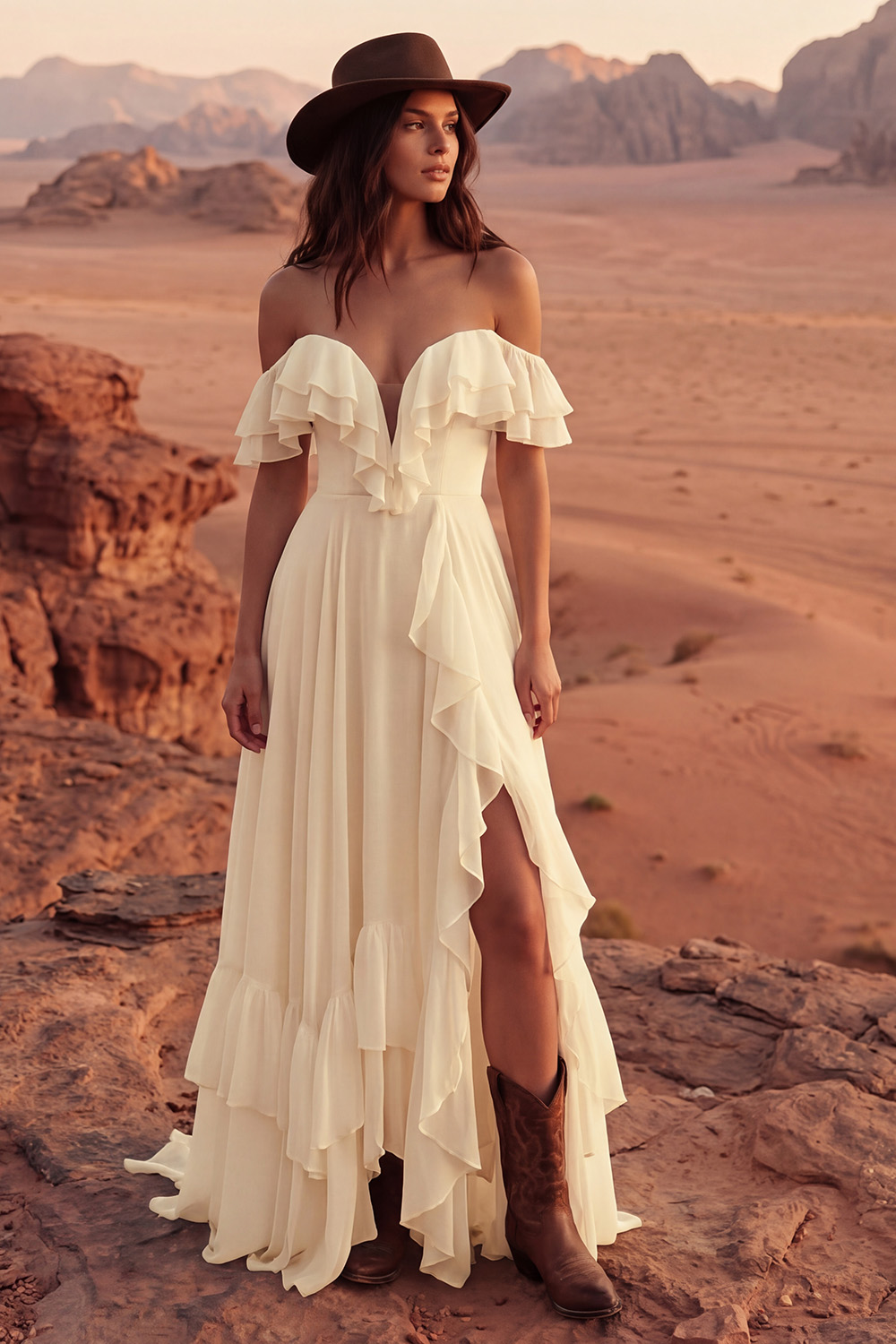 Ivory A Line Off the Shoulder Maxi Beach Engagement Dress with Ruffles