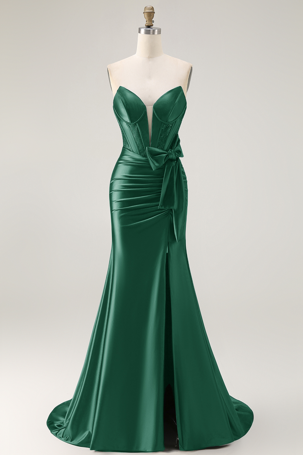 Navy Satin Strapless Mermaid Long Corset Prom Dress with Slit