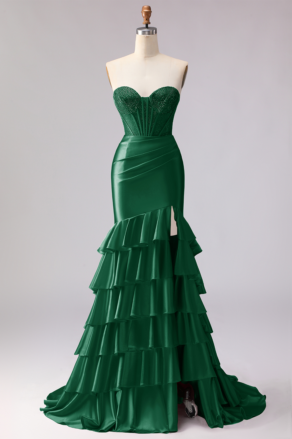 Sparkly Red Beaded Mermaid Sweetheart Ruffled Long Corset Prom Dress