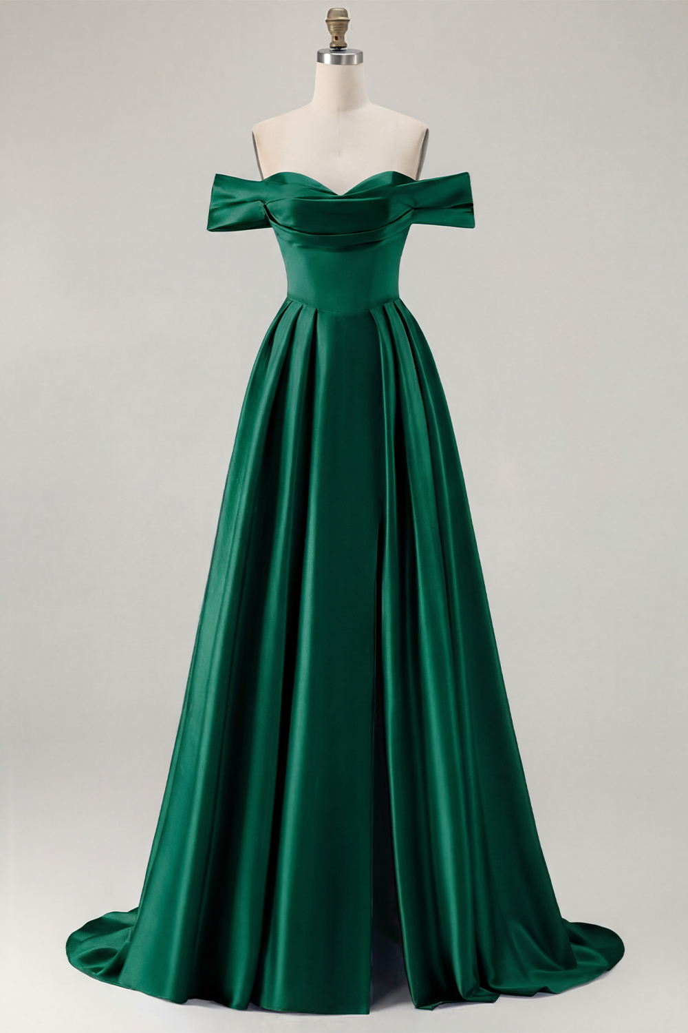 Blue A Line Off the Shoulder Long Satin Prom Dress with Slit