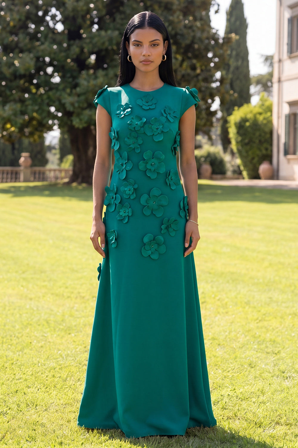 Navy A Line Floral Round Neck Long Formal Dress with Sleeves