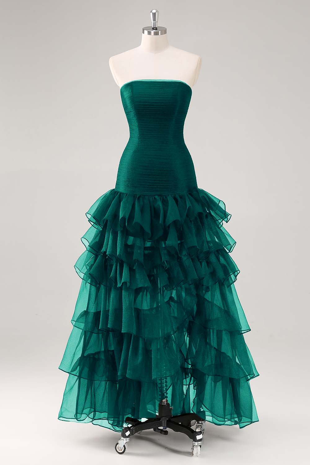 Black A Line Tiered Asymmetrical Strapless Long Tulle Formal Dress