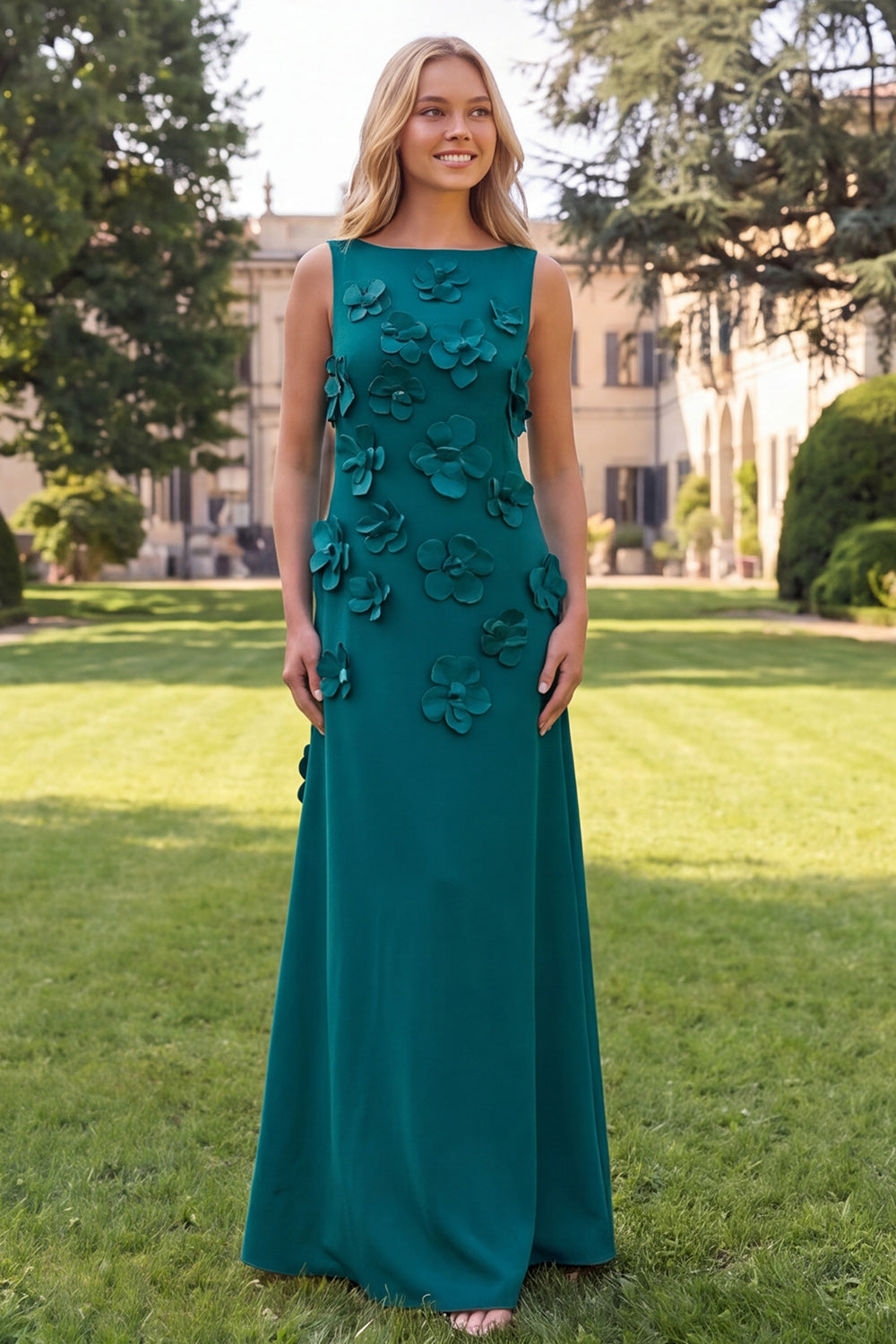 Floral Hot Pink A Line Boat Neck Long Formal Dress