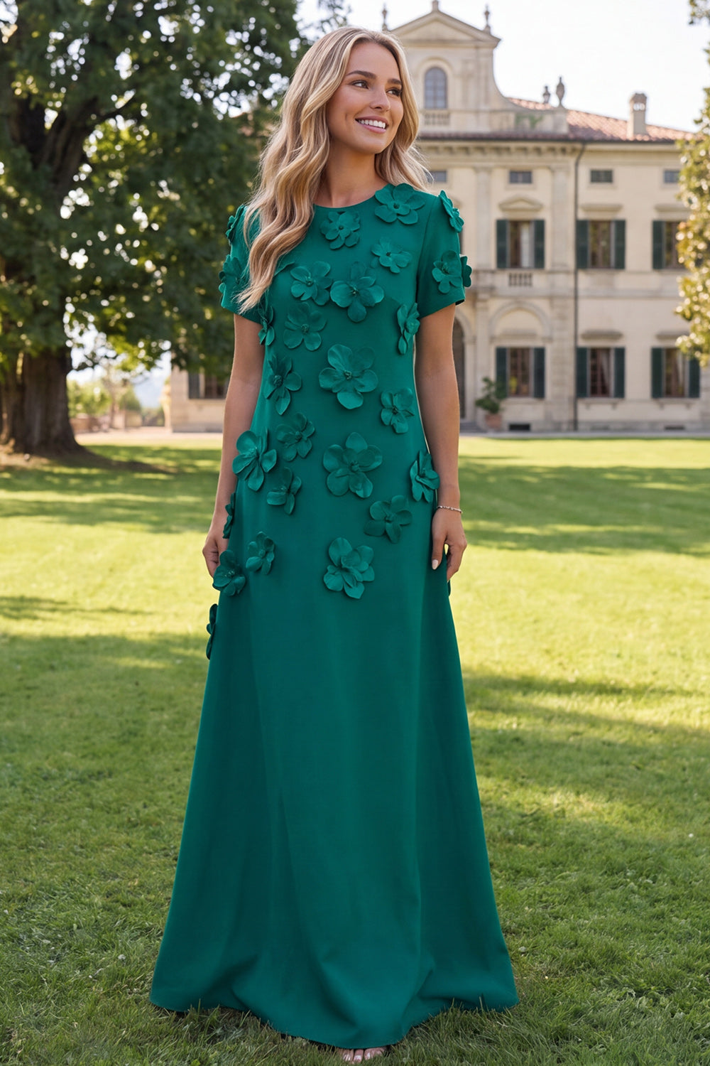 Floral Round Neck Blue A Line Long Formal Dress with Sleeves