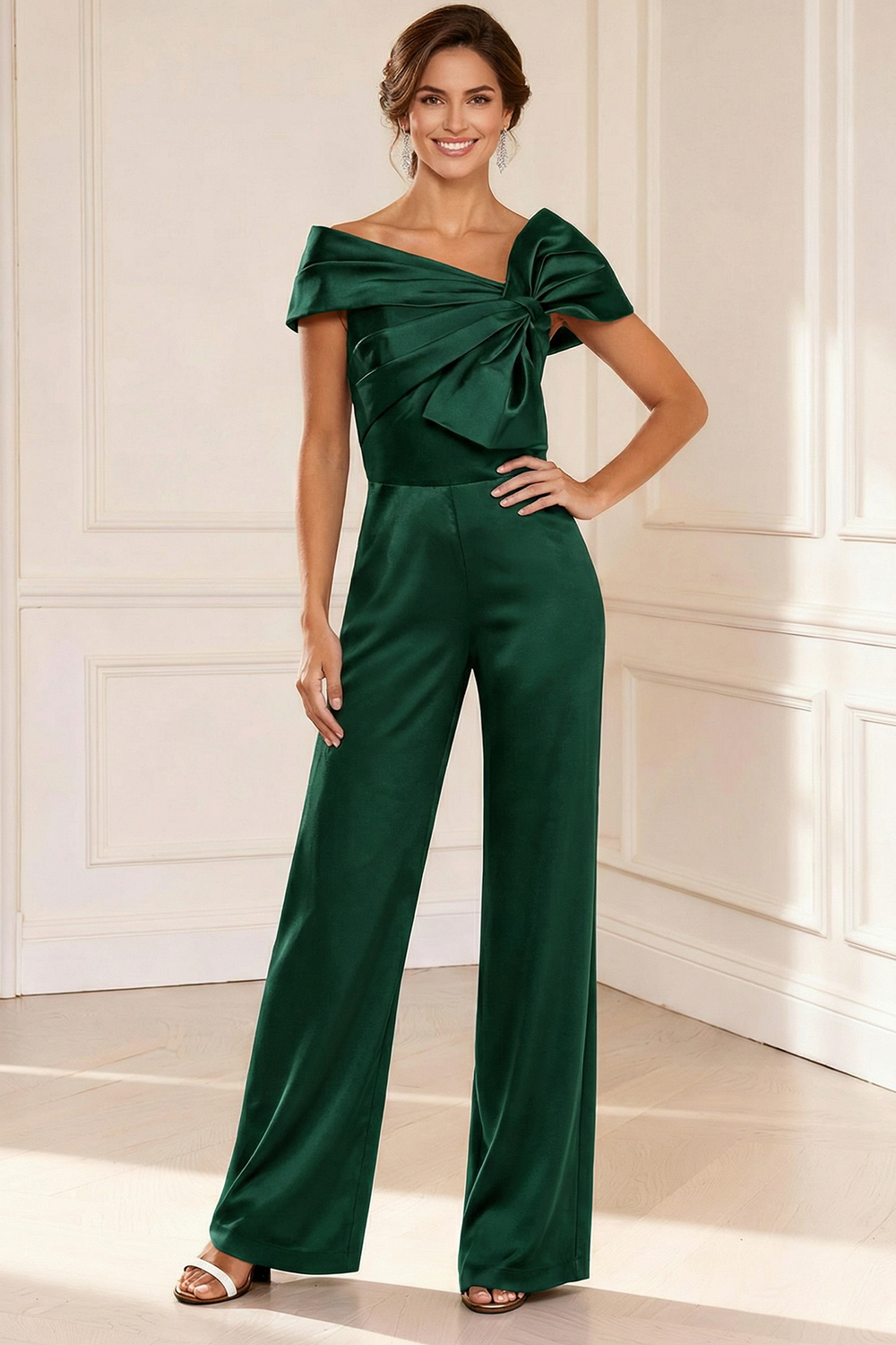 Black Asymmetrical Neck Satin Mother of the Bride Jumpsuits