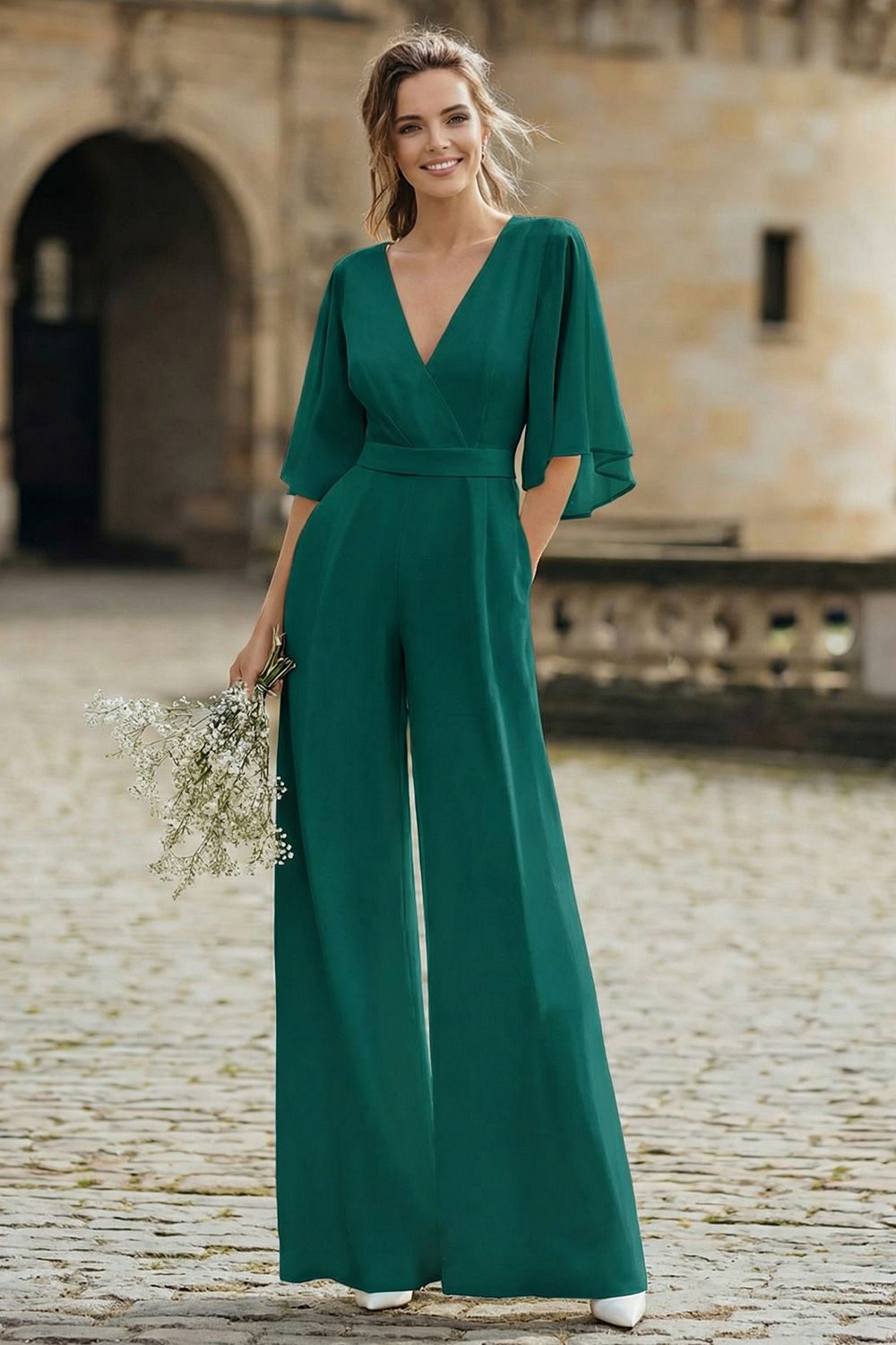 Ivory Half Sleeves V-Neck Wedding Jumpsuits with Pockets