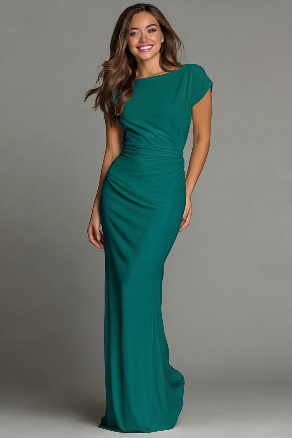 Navy Mermaid Boat Neck Long Formal Dress with Sleeves