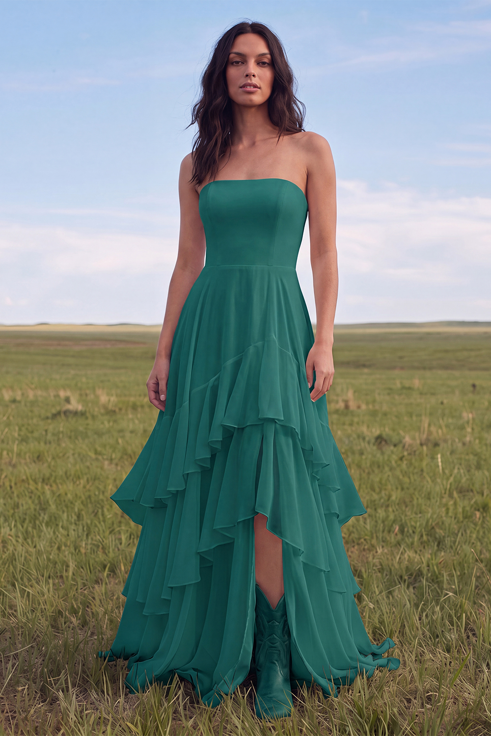 Ivory Strapless A Line Sweep Train Ruffled Beach Engagement Dress with Slit