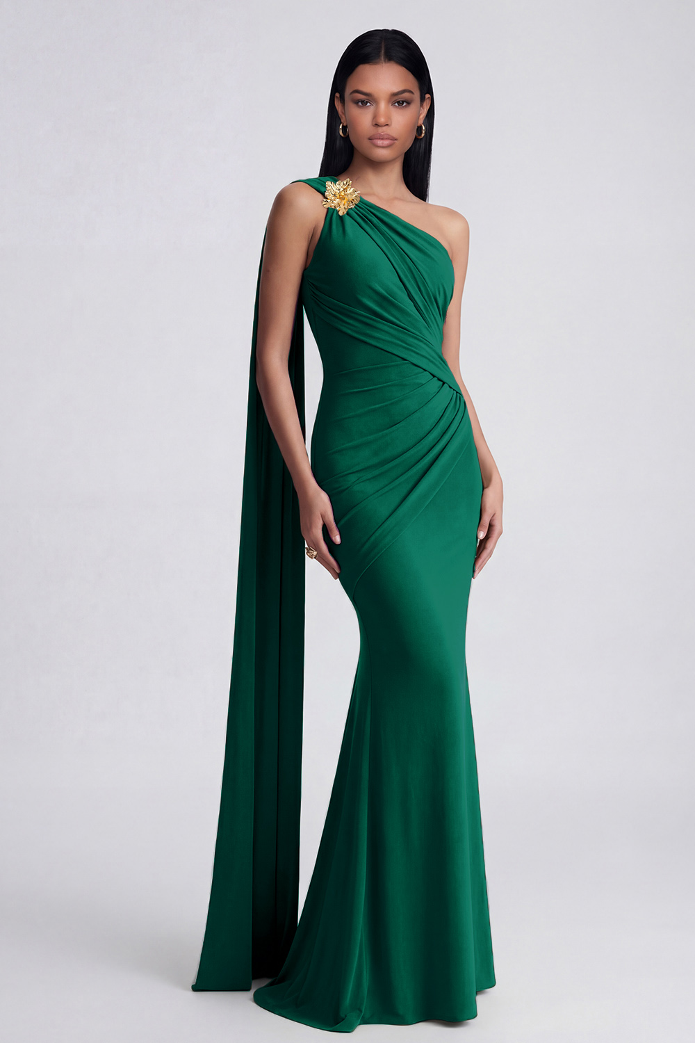 Olive Floral Ruched One Shoulder Long Mermaid Formal Dress with Side Cape