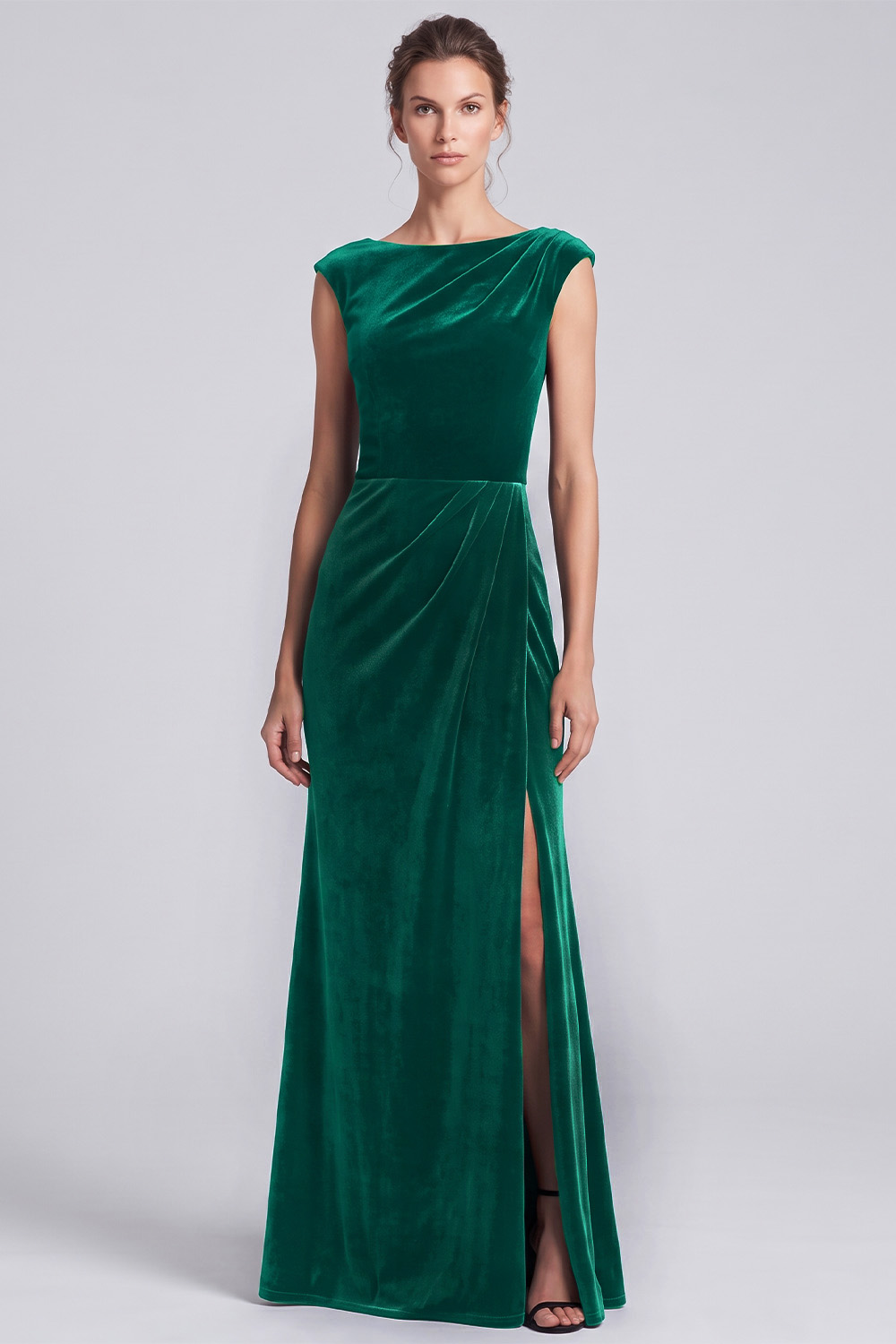 Black and Brown Velvet Sheath Boat Neck Ruched Long Holiday Party Dress with Slit