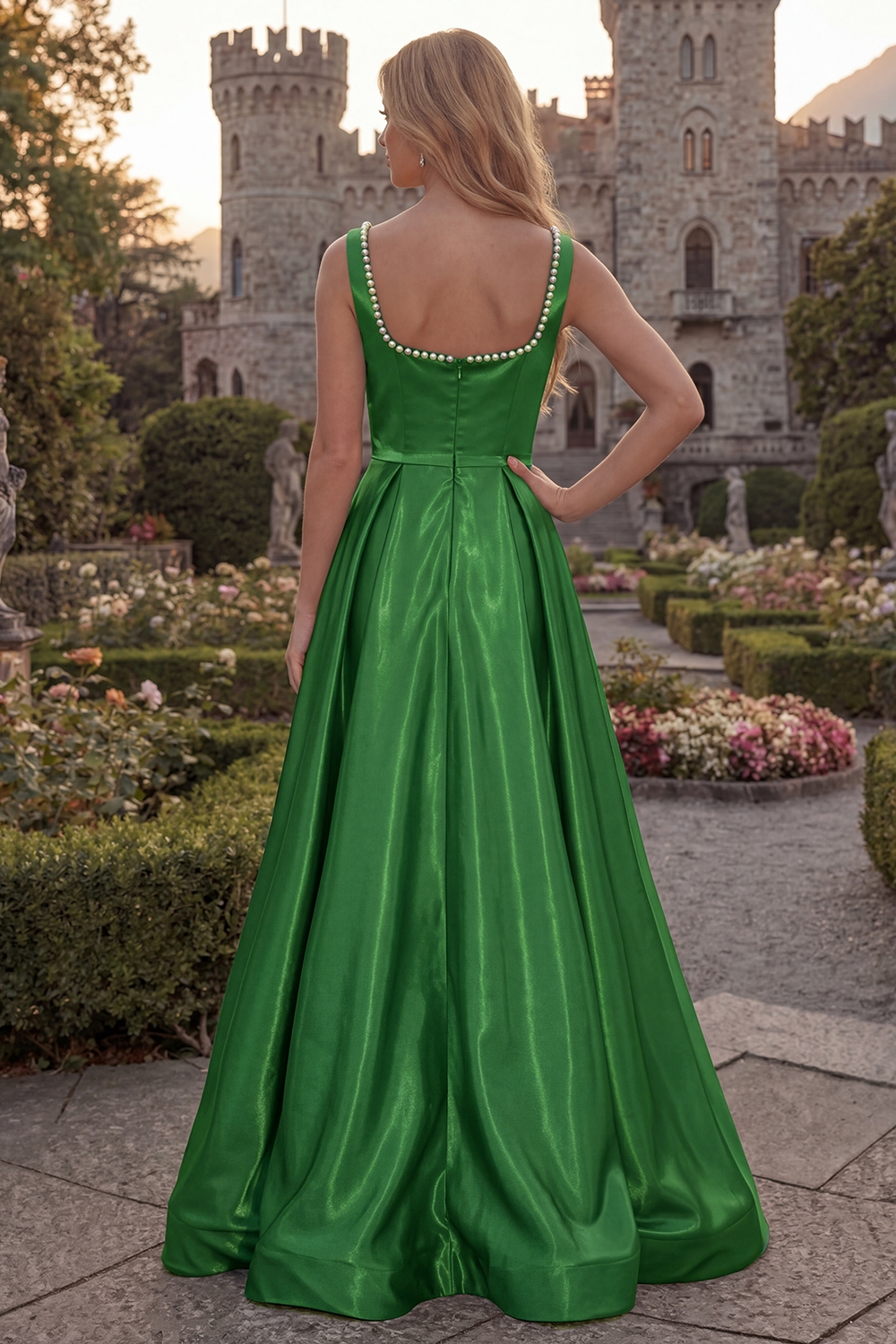 Simple Burgundy Square Neck A Line Long Prom Dress with Pearls