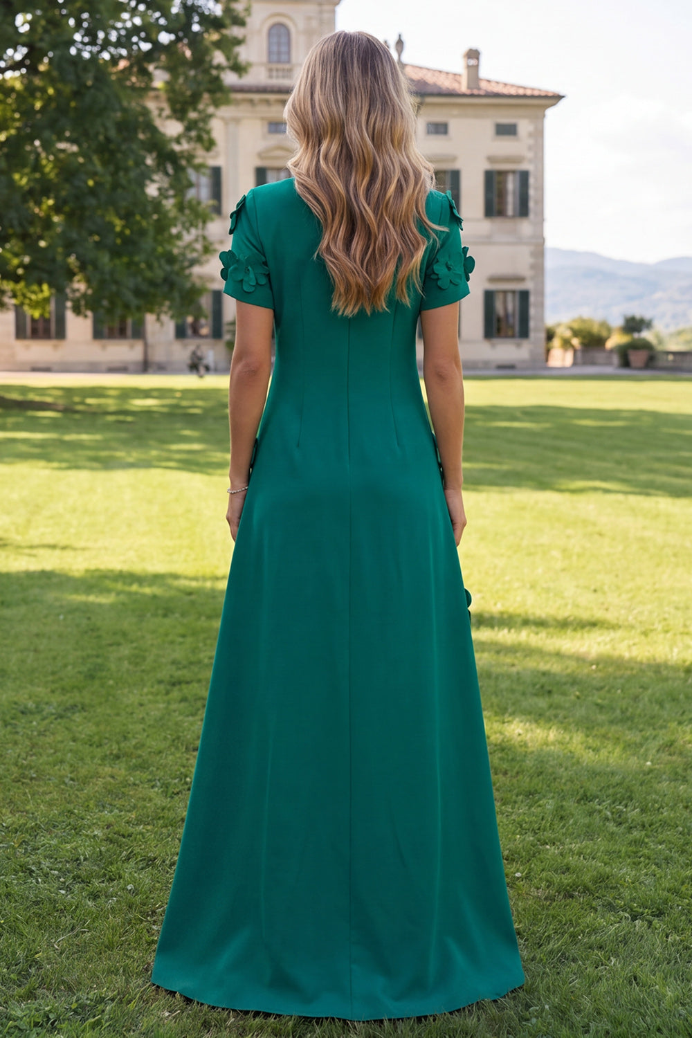Floral Round Neck Blue A Line Long Formal Dress with Sleeves