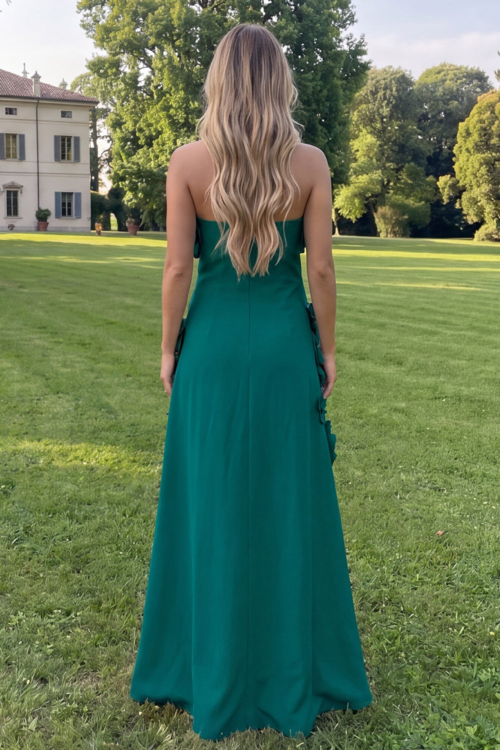 Blue Floral A Line Strapless Long Formal Dress