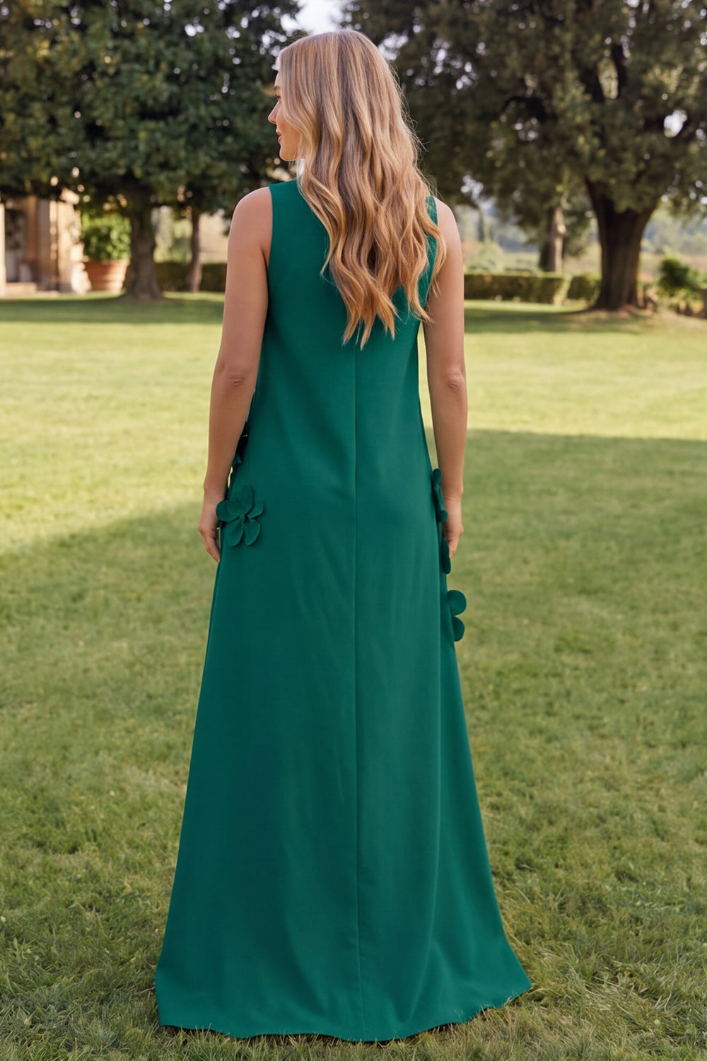 Blue Floral A Line High Neck Long Formal Dress