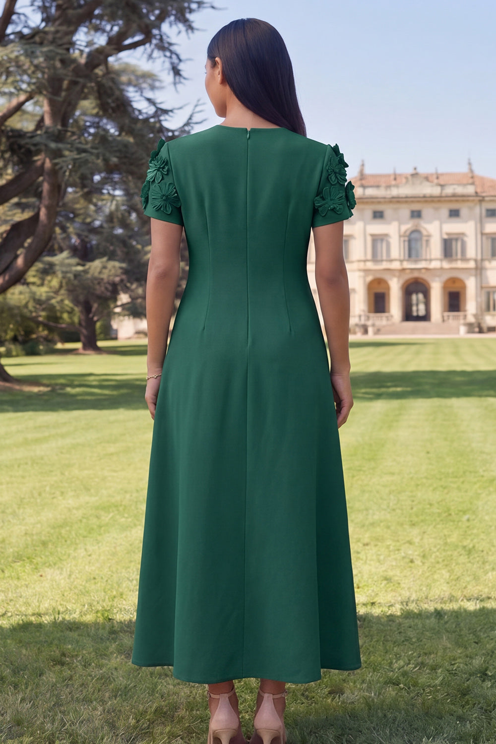 Dark Green Floral A Line Round Neck Long Formal Dress with Sleeves