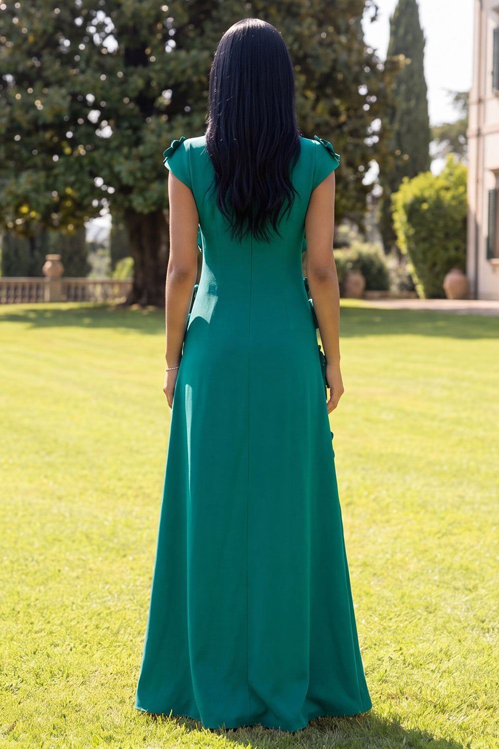 Navy A Line Floral Round Neck Long Formal Dress with Sleeves
