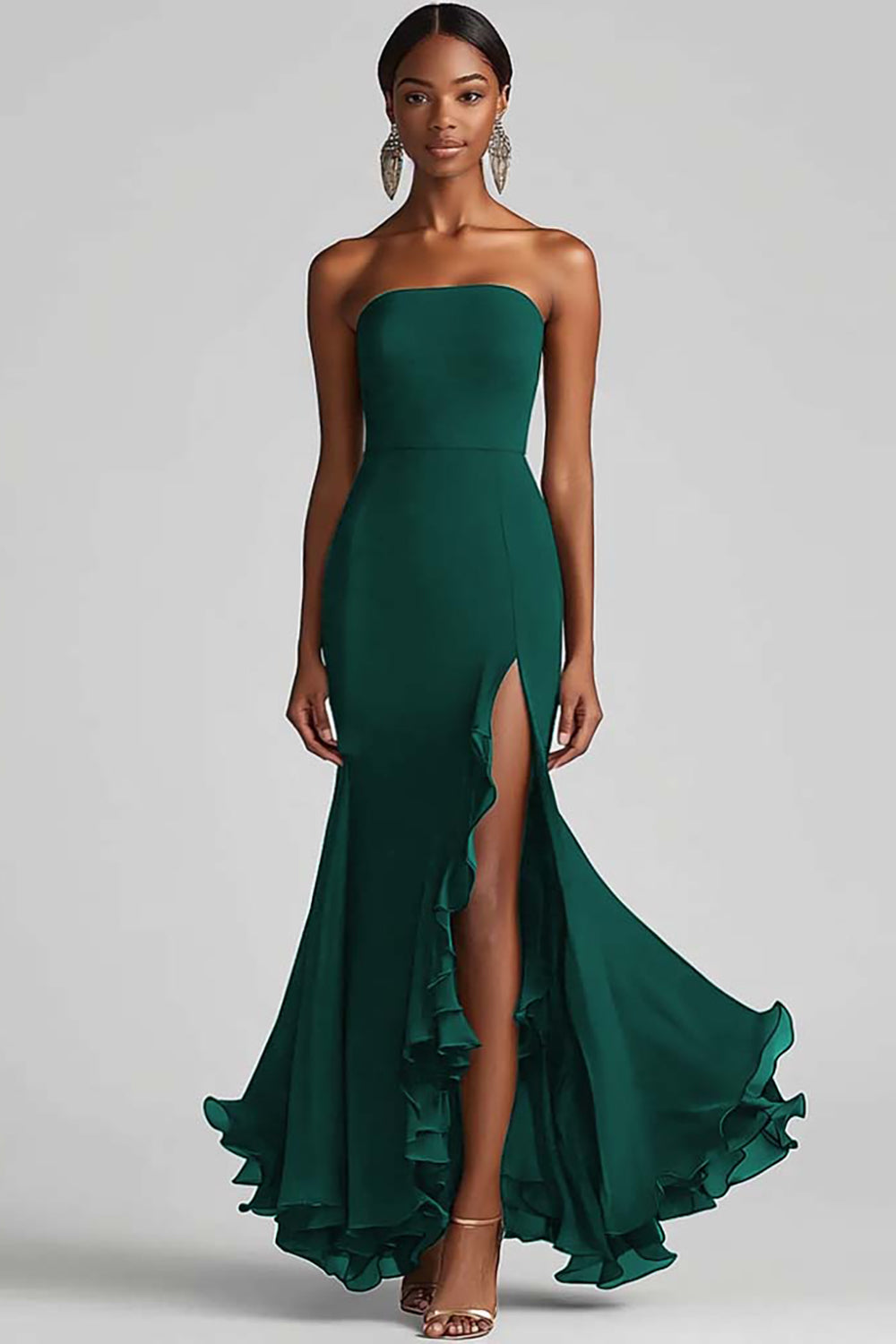 Strapless Sheath Chiffon Long Black Tie Dress with Slit
