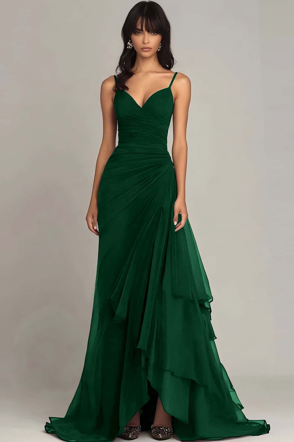 Dark Brown Spaghetti Straps Ruffled Long Chiffon Formal Dress