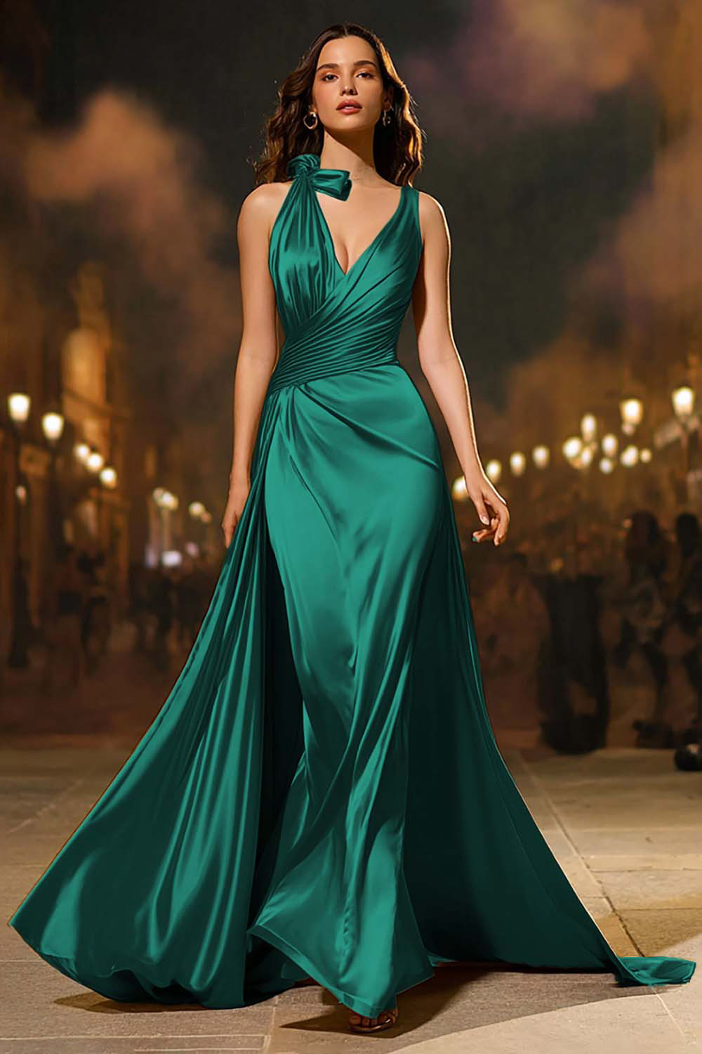 Gold Satin Mermaid V-Neck Ruched Long Formal Dress with Cape