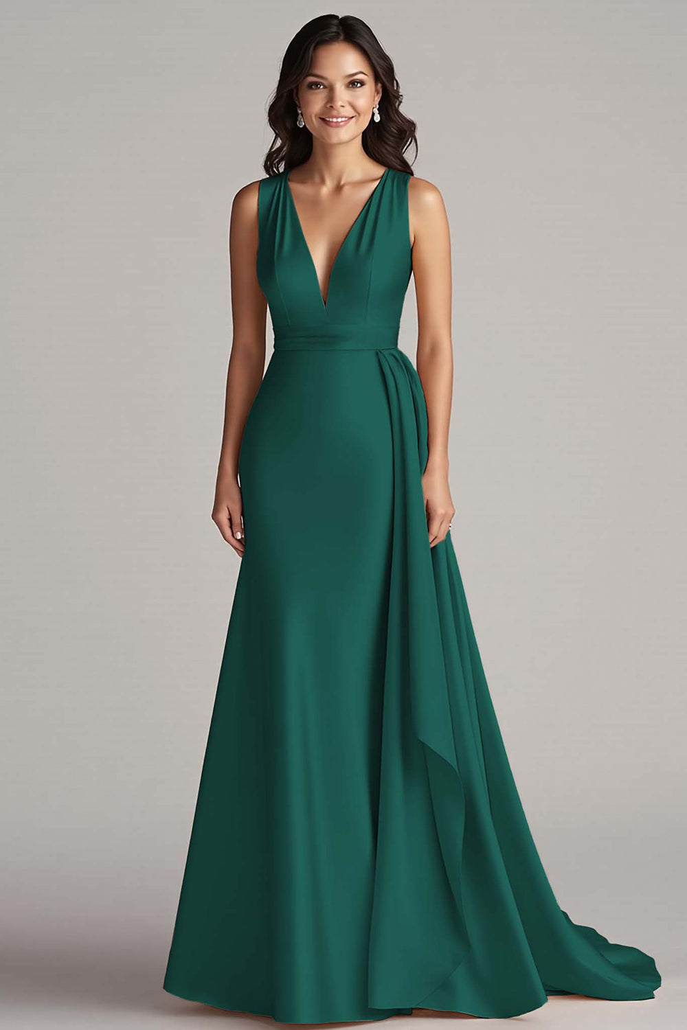 Champagne Deep V-Neck Sleeveless Long Satin Formal Dress