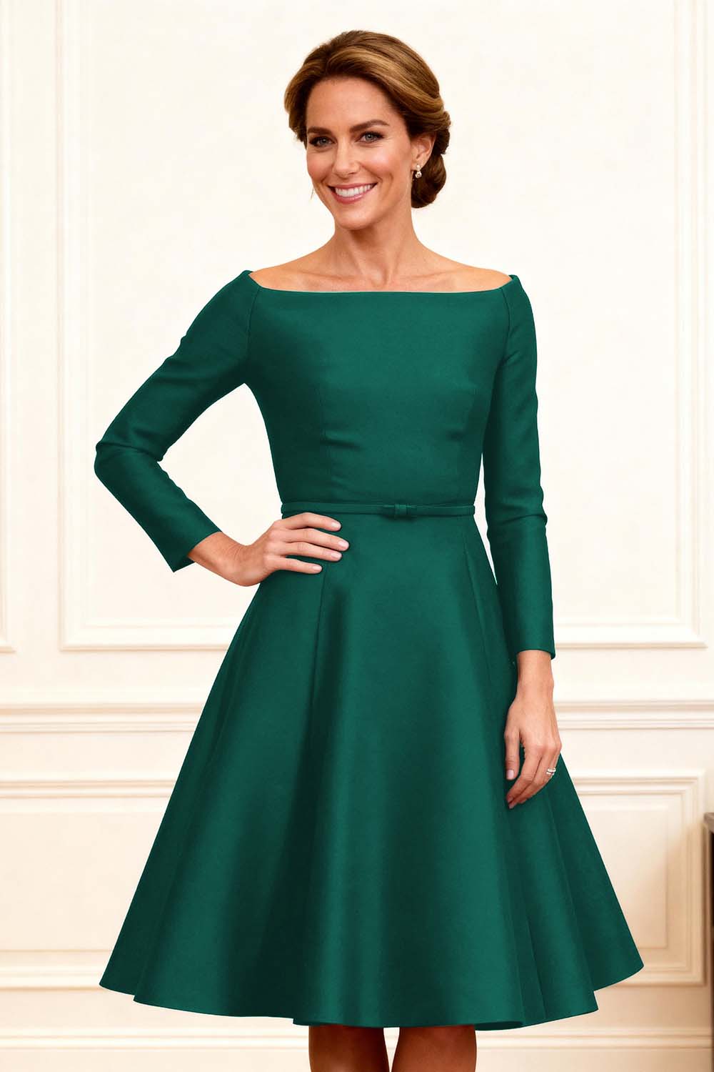 Dark Navy Satin A-Line Bateau Neck Satin Knee-Length Mother of the Bride Dress