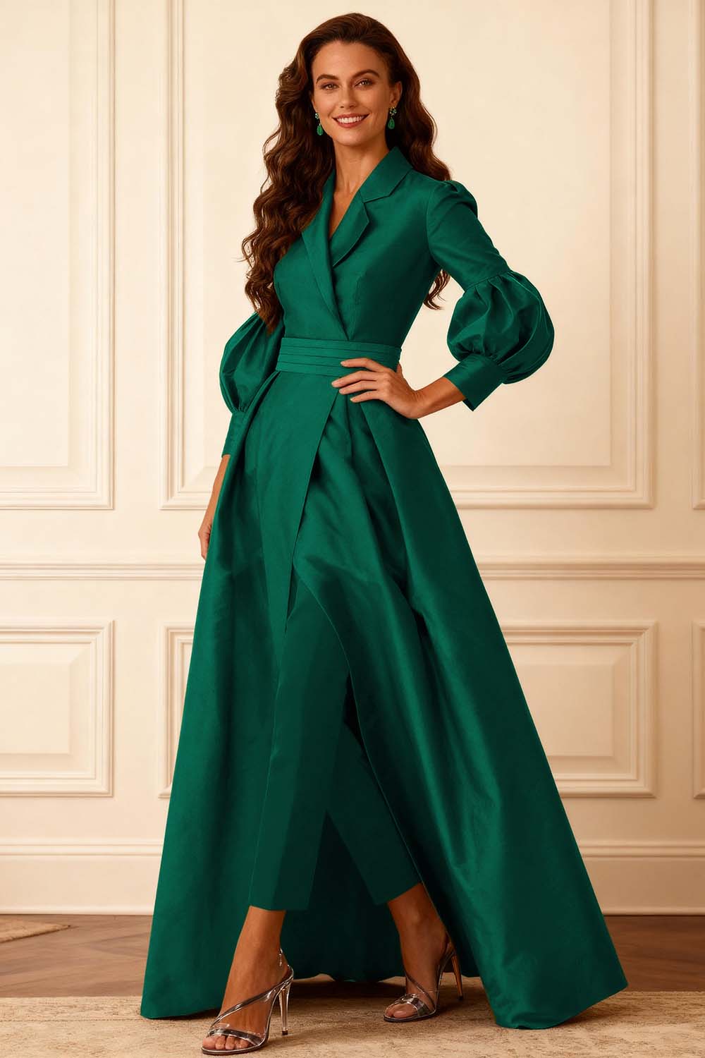 2 Piece Olive Puff Sleeves A-Line Mother of the Bride Pant Suits with Jacket